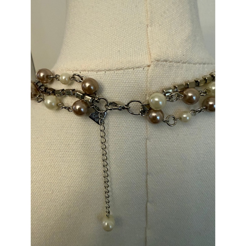 Vintage Y2K Cookie Lee Multi Strand Rhinestone Floating Faux Pearl Necklace - Picture 3 of 4